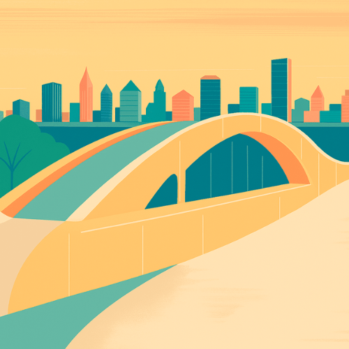 A modern bridge over a city skyline, representing Eaton Academic’s forward-thinking values.