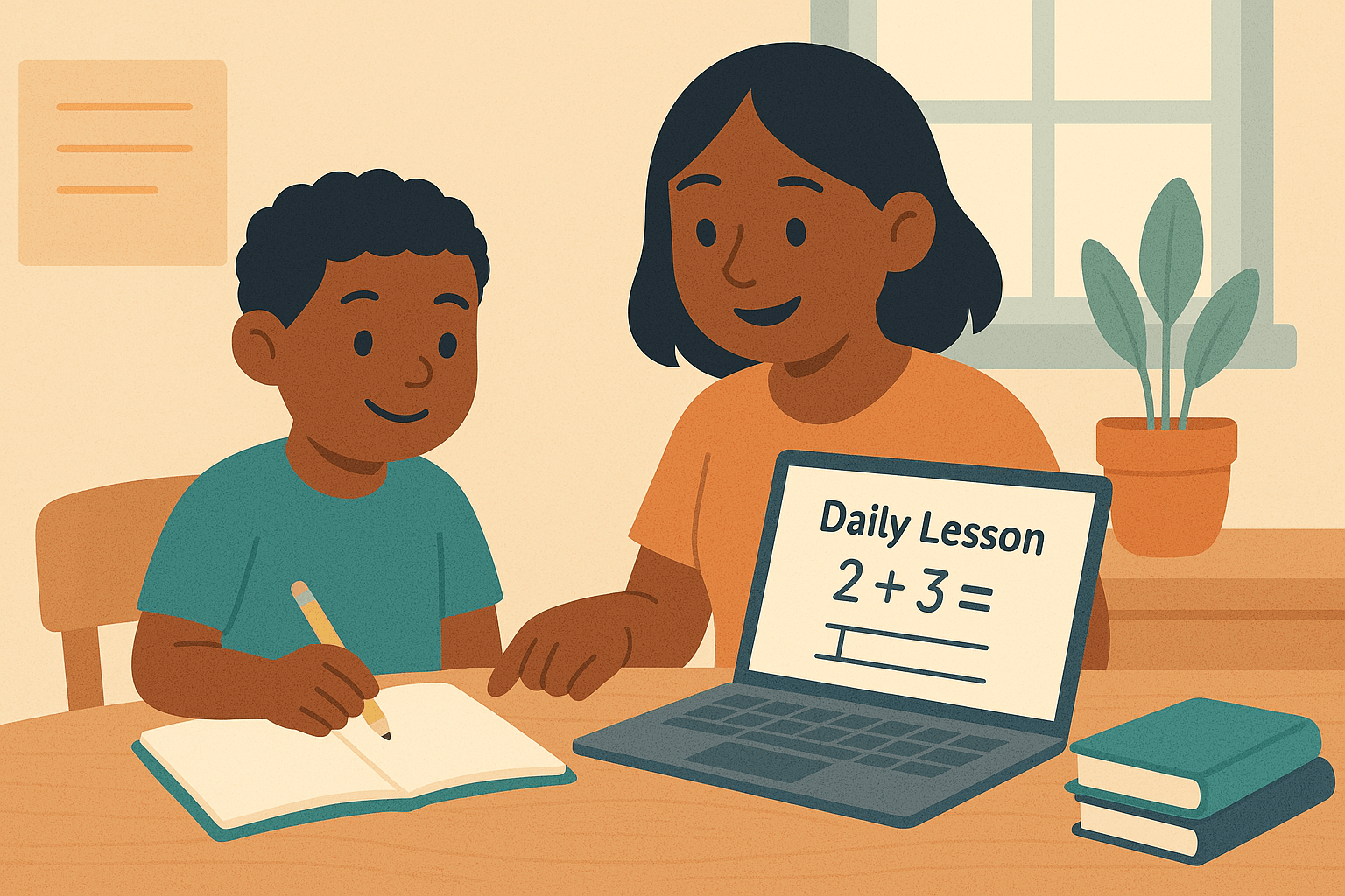 Parent helping with daily easypeasy homeschool lesson.