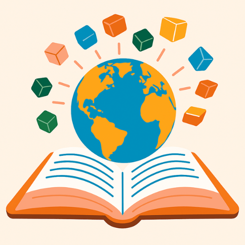 A dynamic globe floating atop an open book representing Eaton Academic's commitment to homeschool excellence.