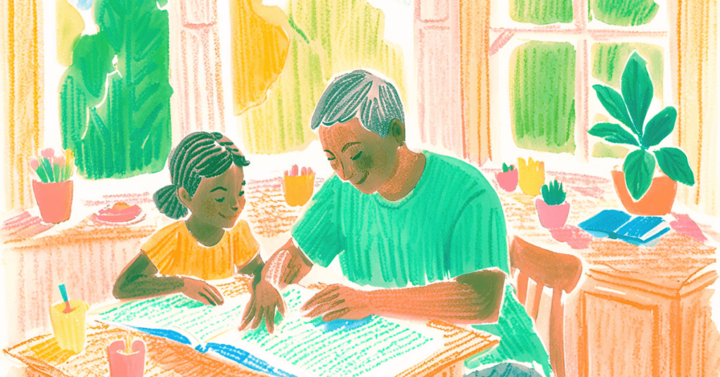 Parent teaching child at home in Florida as part of a homeschool setup