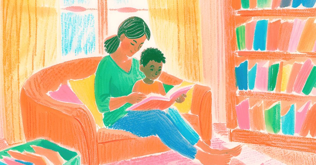 Mother guiding a child in a kindergarten homeschool reading session Title: Kindergarten Homeschool Reading Session