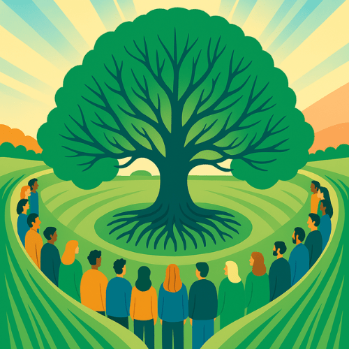 A small group gathered around a tree, illustrating Eaton Academic’s supportive homeschool community.